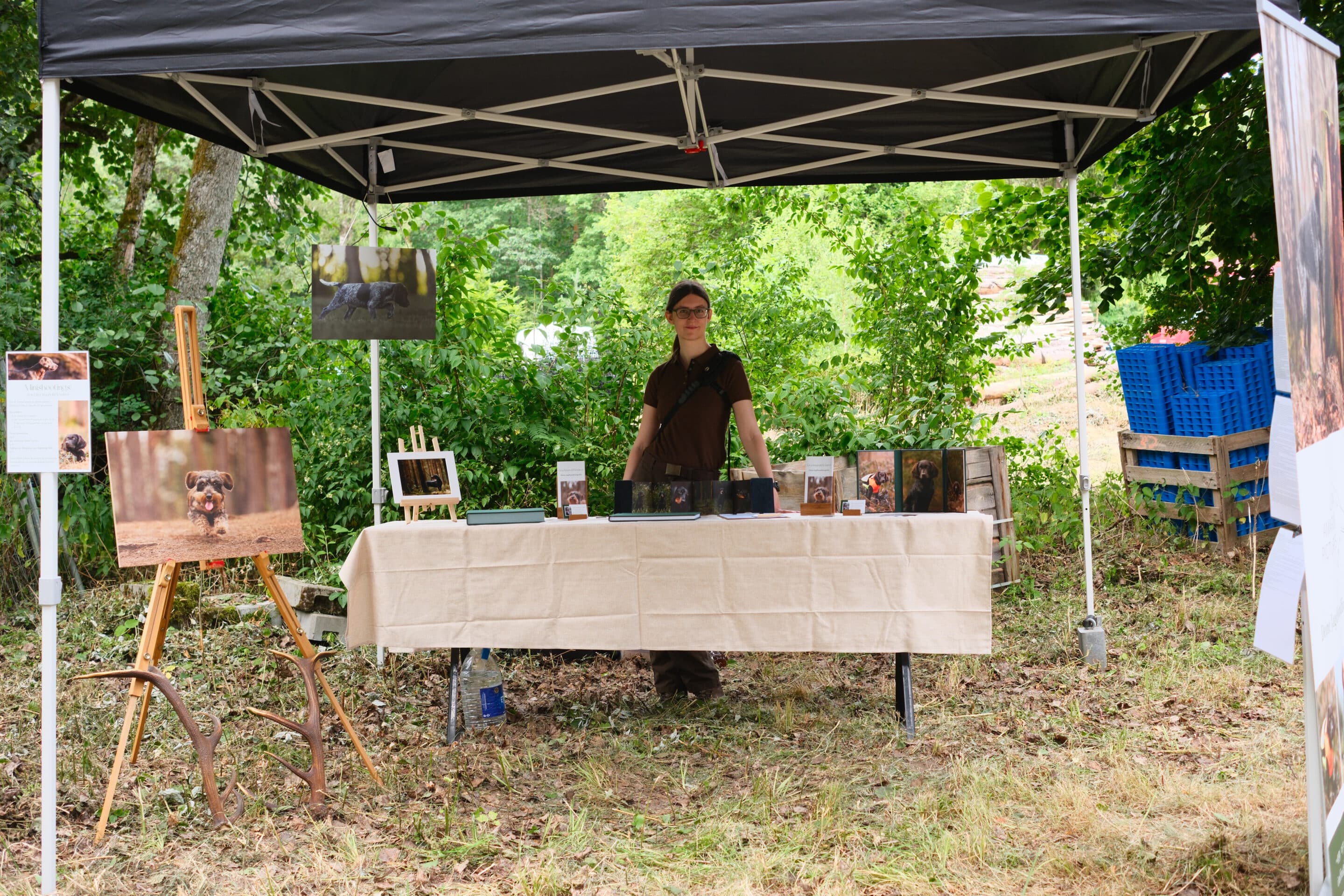 Stand auf einer Wiese mit Lira hinter einem Tisch voller Printprodukte